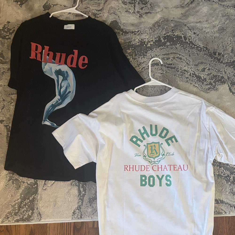Rhude Black Tee with Red Logo & White Tee with Green/Red Print